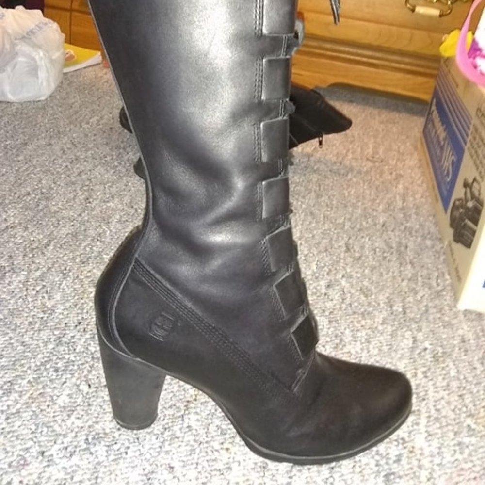 Timberland Black Knee High Heeled Lace Up Boots